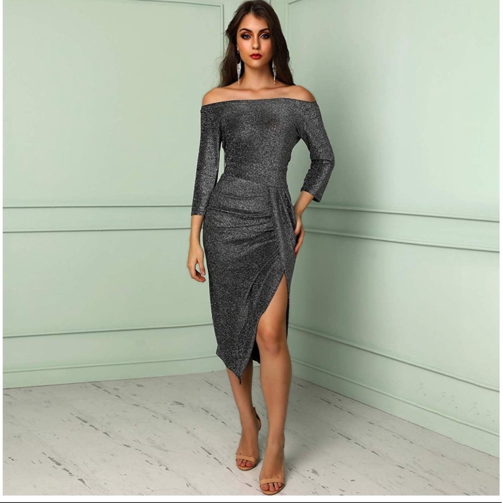 Off Shoulder Ruched Thigh Slit Dress
